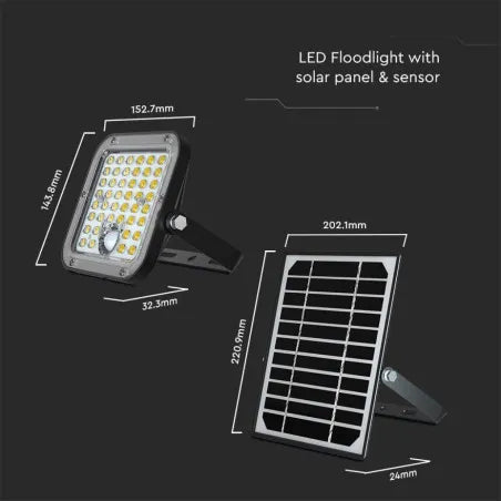 10W LED Соларен Прожектор LiFePo Батерия 3.7V Черен 6000K